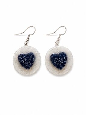 Patsy Creations Handmade Clay Heart Drop Earrings with Navy Glitter Hearts